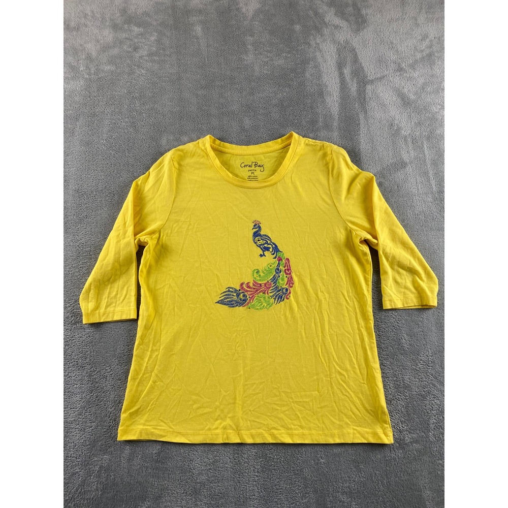 Coral Bay Petite PL Yellow Peacock Embroidered‎ Rhinestone 3/4 Sleeve Tee Top